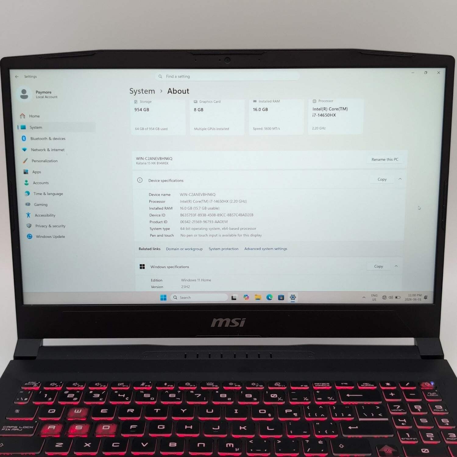 MSI Katana 15 HX MS-1587 i7-14650HX 2.2GHz 16GB RAM 1TB SSD GeForce RTX 5050