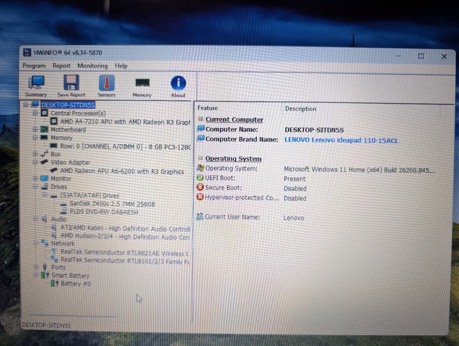 LENOVO IDEAPAD 110-15ACL | AMD A4-7210 8GB RAM 256GB SSD | WIN 11 DVD