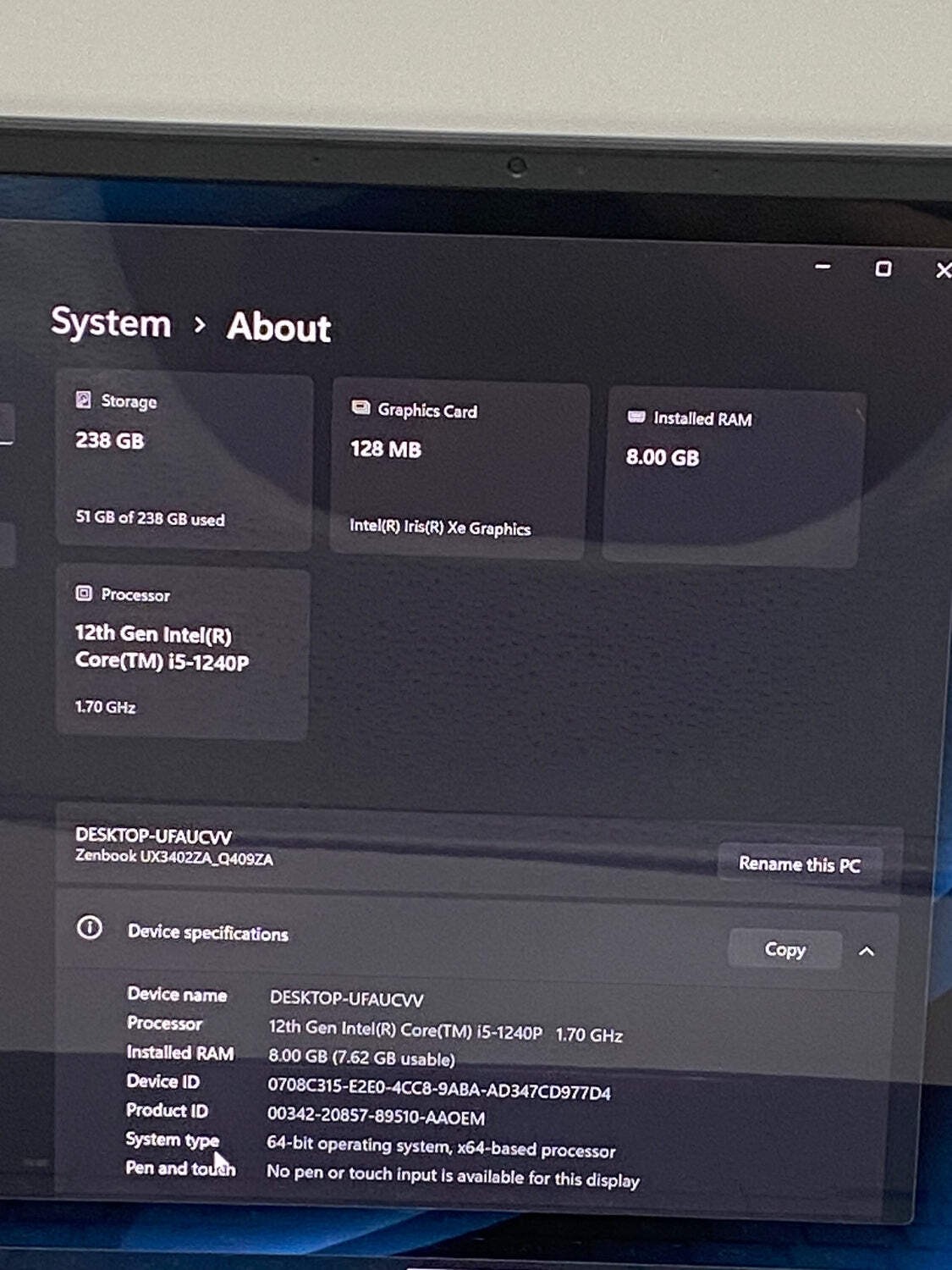 Asus ZenBook Q409ZA 14″ Core i5-1240P 1.70GHz 8GB RAM 256GB SSD