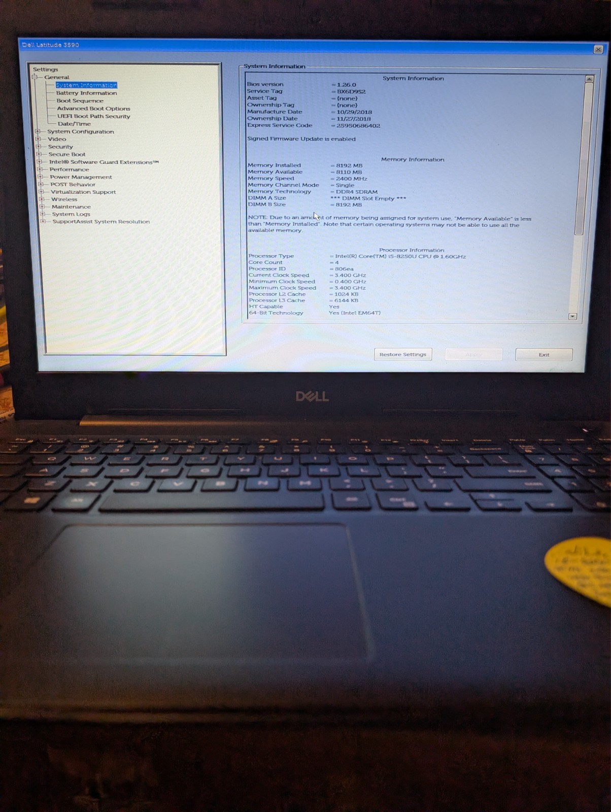 Dell Latitude 3590 Laptop, i5-8250U, 8GB DDR4. 256 GB NVMe, Wifi + BT, Win11 Pro