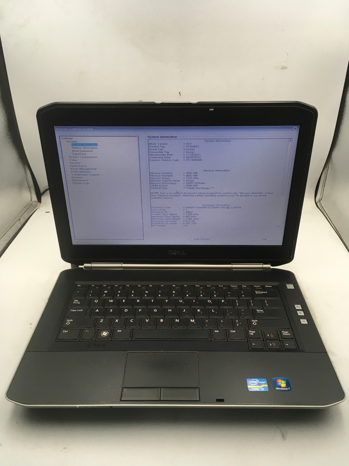 DELL LATITUDE E5420 – BOOTS TO BIOS – INTEL I3 2330M – NO RAM – READ DESC – BB