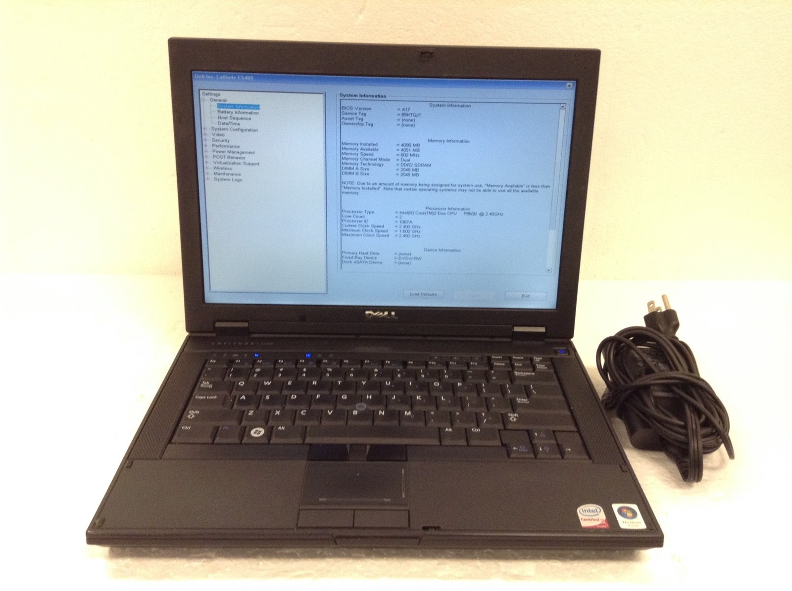 Dell Latitude E5400 14″ Core 2 Duo P8600 2.4GHz Laptop w/4GB,Wi-Fi,DVD-RW, NO HD