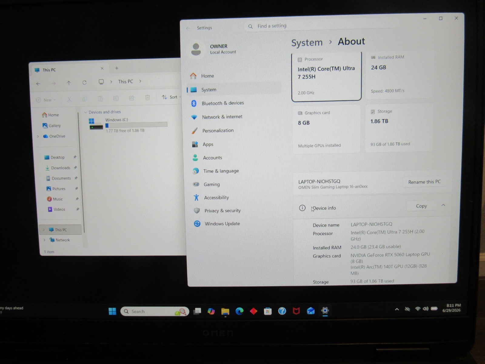 HP OMEN 16 SLIM INTEL CORE ULTRA 7- 255H@1.50GHz 24GB RTX 5060 2TB SSD