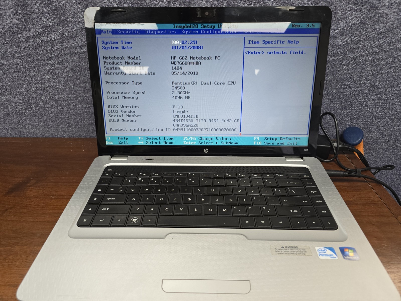 HP Pavilion G62-228CL laptop 4GB RAM – NO HARD DRIVE/CMOS BAT DEAD PARTS ONLY