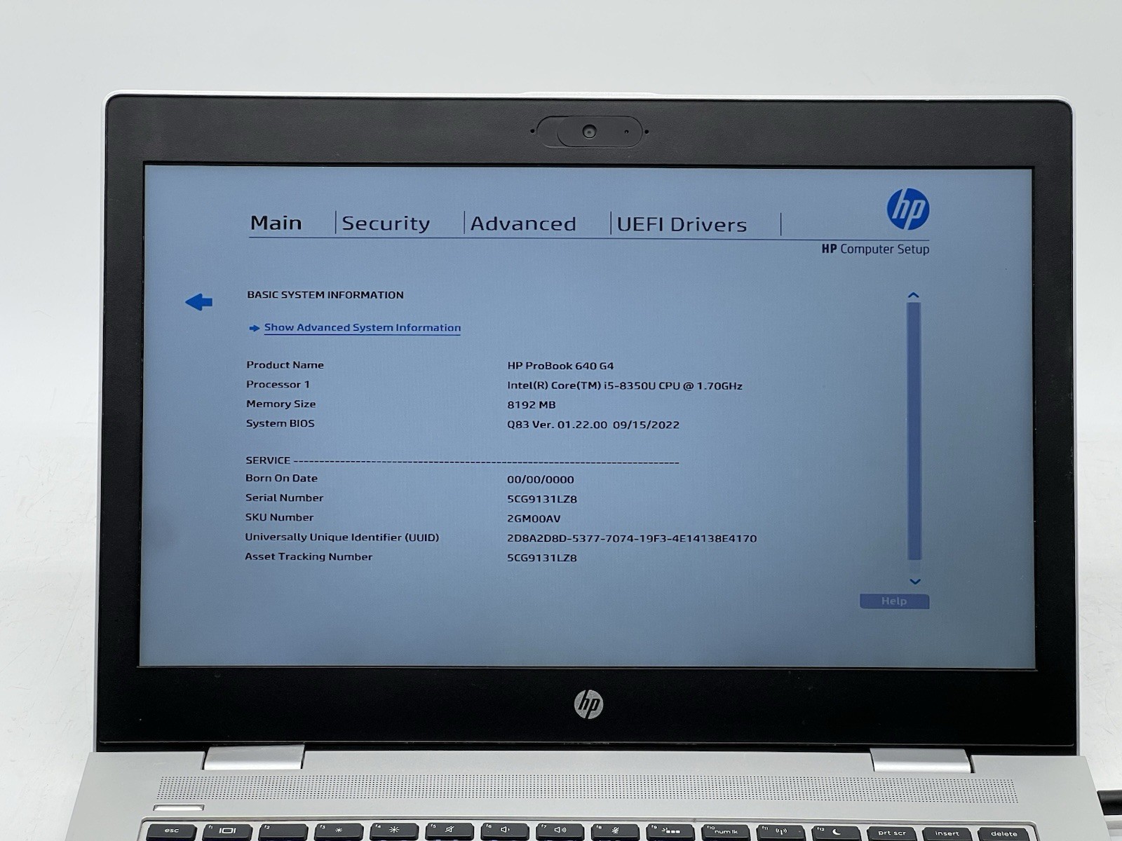 HP ProBook 640 G4, i5-8350U CPU, @ 1.70GHz, 8GB RAM, 256GB NVMe-No OS/AC