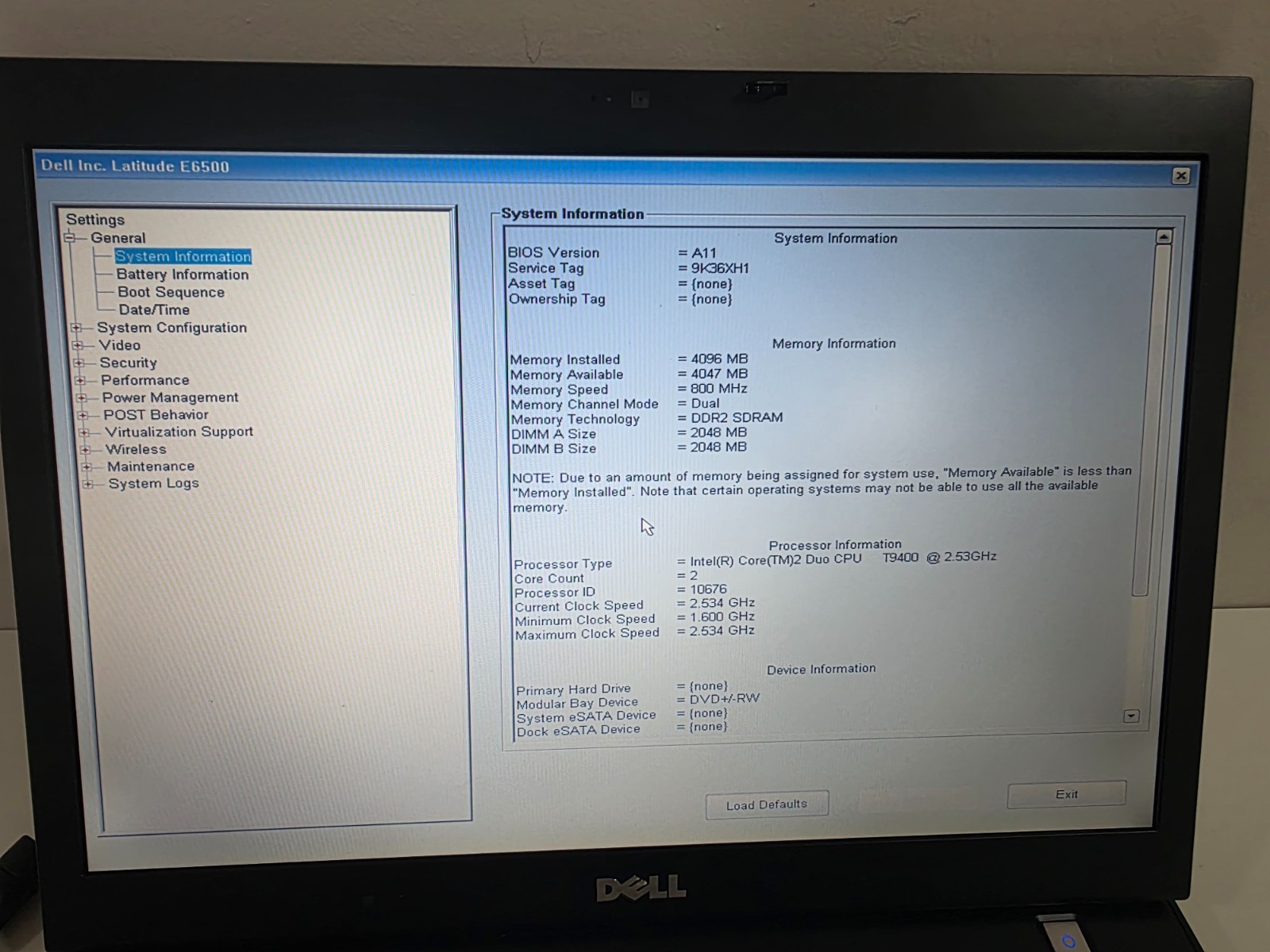 Dell Latitude E6500 Intel Core2 Duo CPU T9400 4GB Webcam