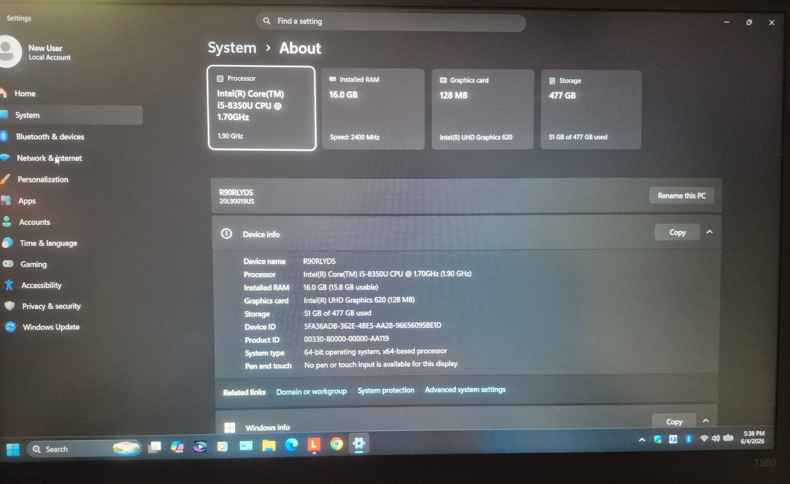LENOVO THINKPAD T580 LAPTOP i5-8350U 16GB RAM 512GB NVMe WIN 11+ OFFICE 2024