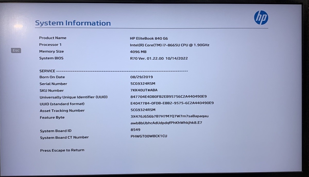 HP Elitebook 840 G6, Intel Core i7-8665U @ 1.9GHz, 4GB RAM, No SSD , No OS