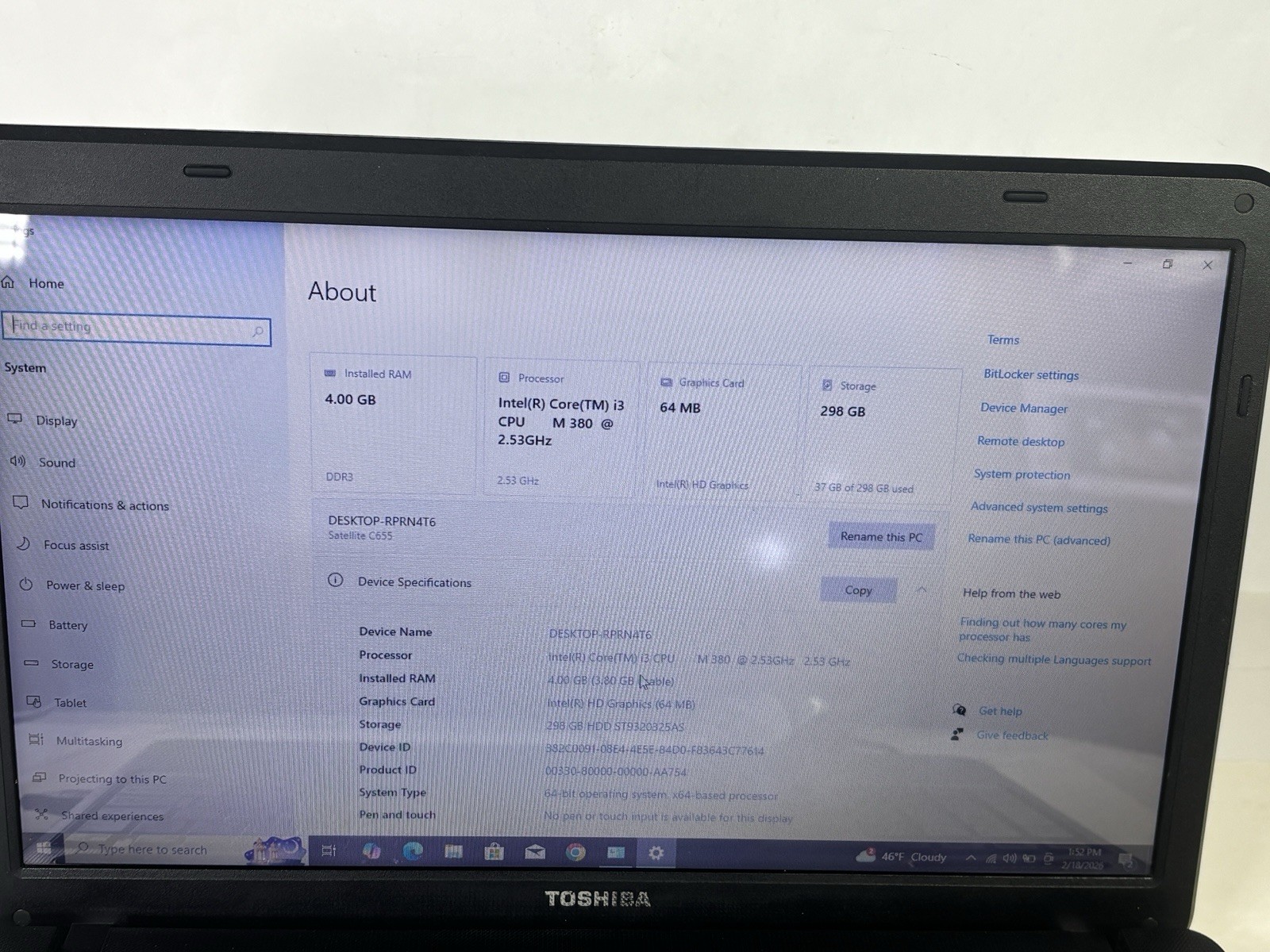 Toshiba Satellite C655 i3 M380 2.53GHz 4GB RAM 298GB HDD WIN 10 PRO *READ*