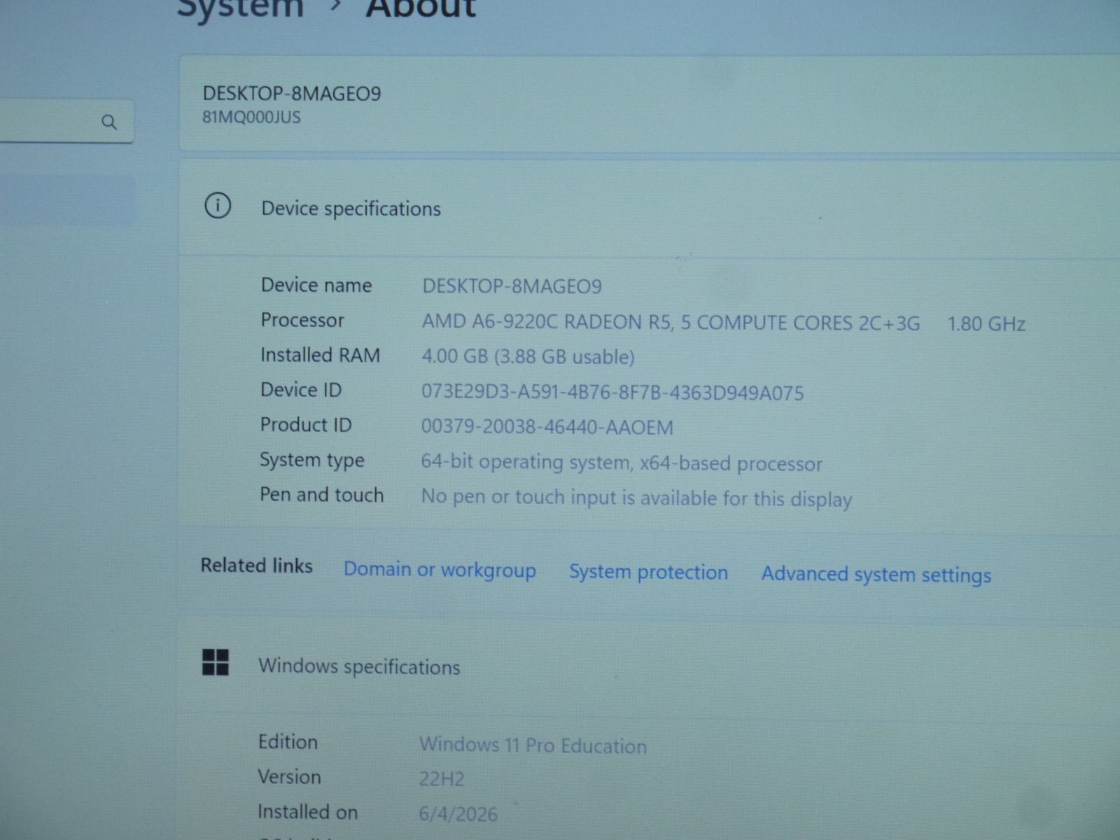 Lenovo Ideapad 14w 14″ Laptop – AMD A6-9220C / 4GB Ram / 64GB eMMC / Win11