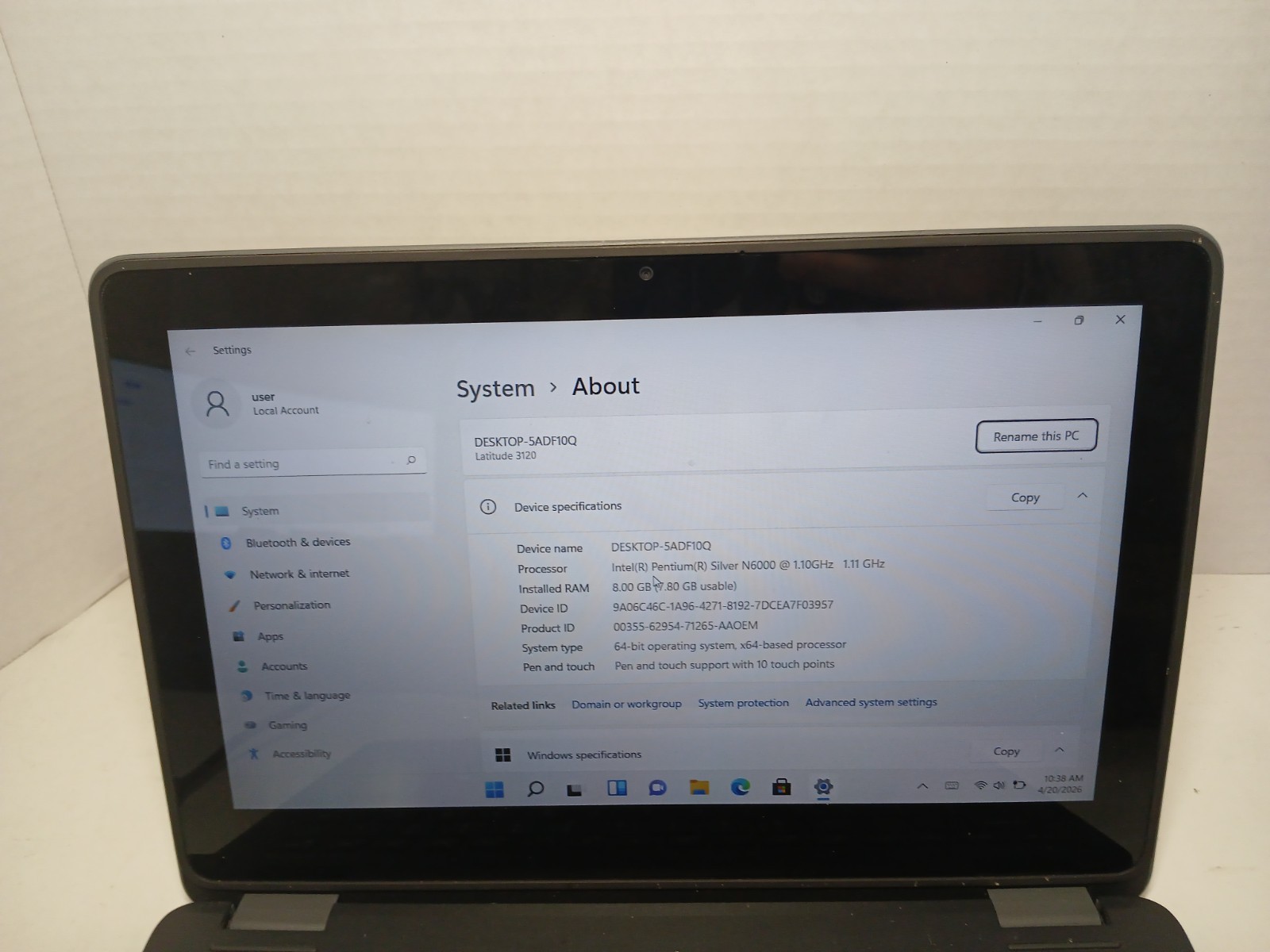 Dell Latitude 3120 2-in-1 Laptop Pentium N6000 8GB RAM 128GB SSD NO BATTERY #97