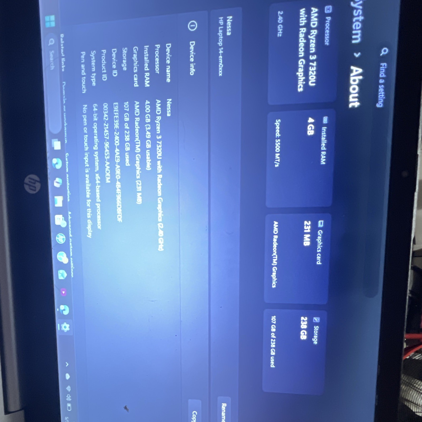 HP Laptop 14-em0xxx AMD Ryzen 3 7320U 4GB RAM 238GB SSD 14″ Win11 Silver Wi-Fi