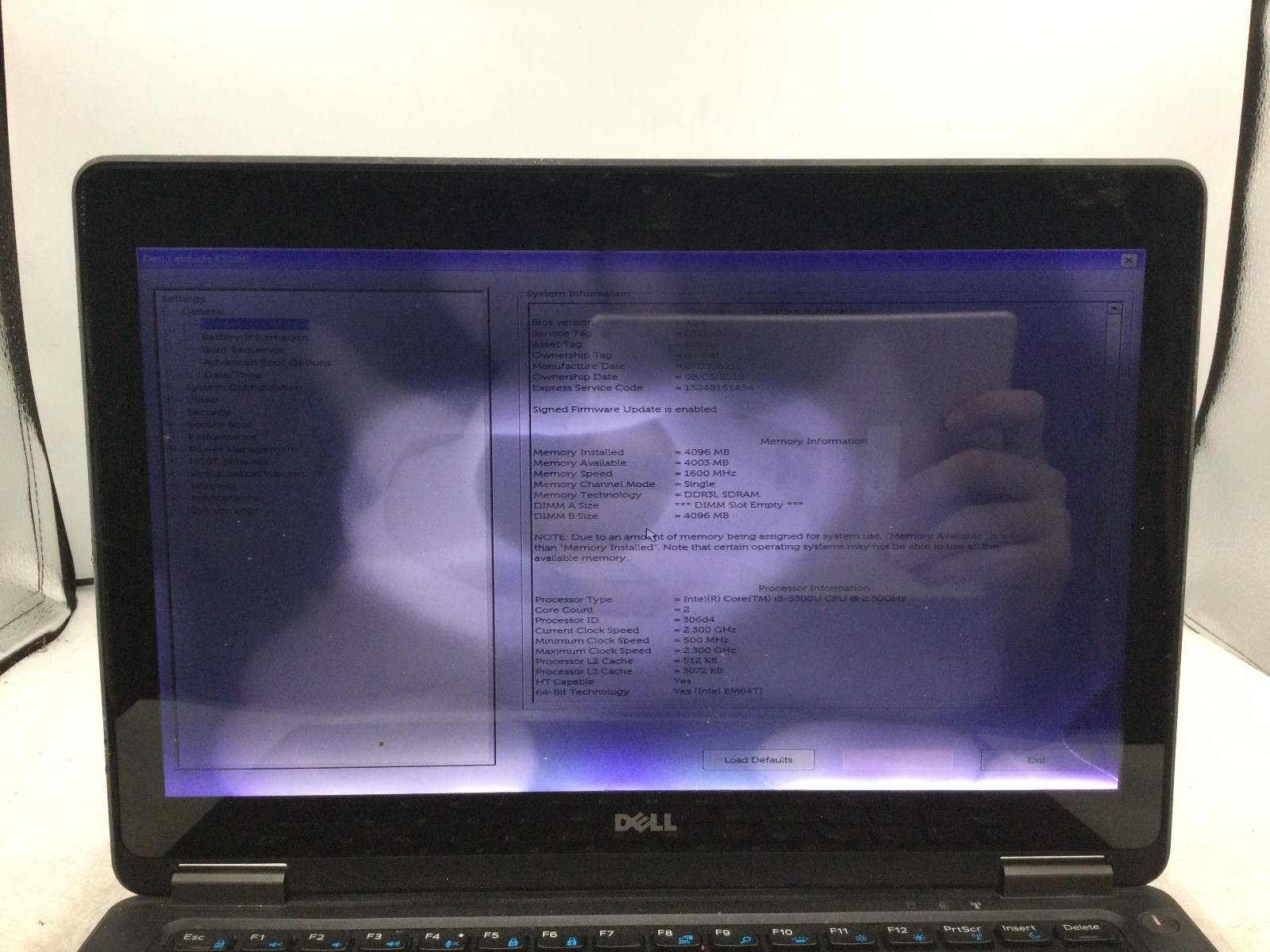 DELL LATITUDE E7250 – BOOTS TO BIOS – INTEL I5 5300 – NO RAM – READ DESC -BB