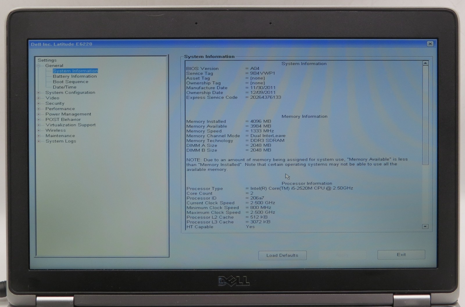 Dell Latitude E6220 _ i5-2520M @ 2.5 _ 4GB DDR3 RAM _ No SSD / OS _ w/ AC