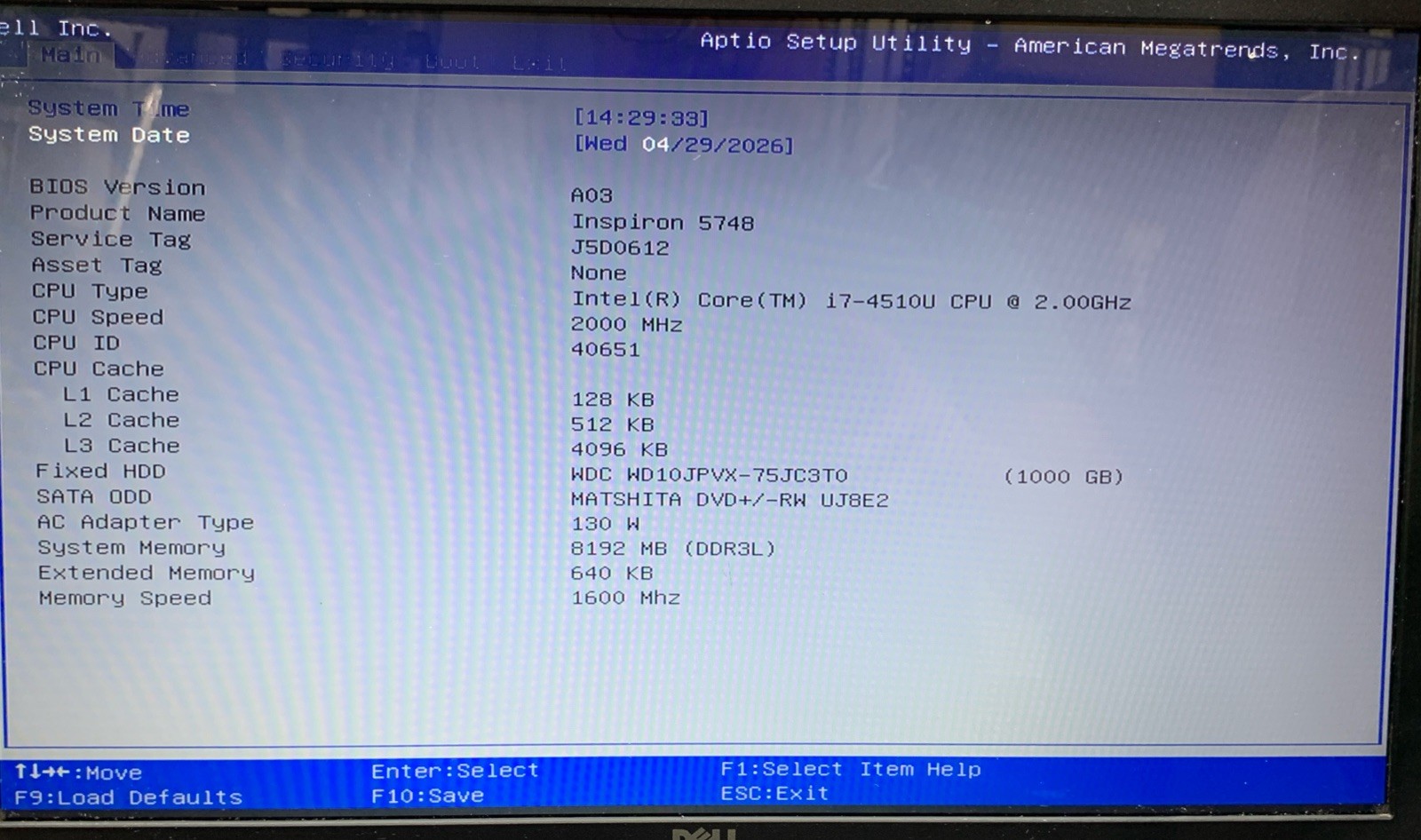 Dell Inspiron 5748 i7-4510U@2GHz, 8GB RAM, 1TB HDD, No OS