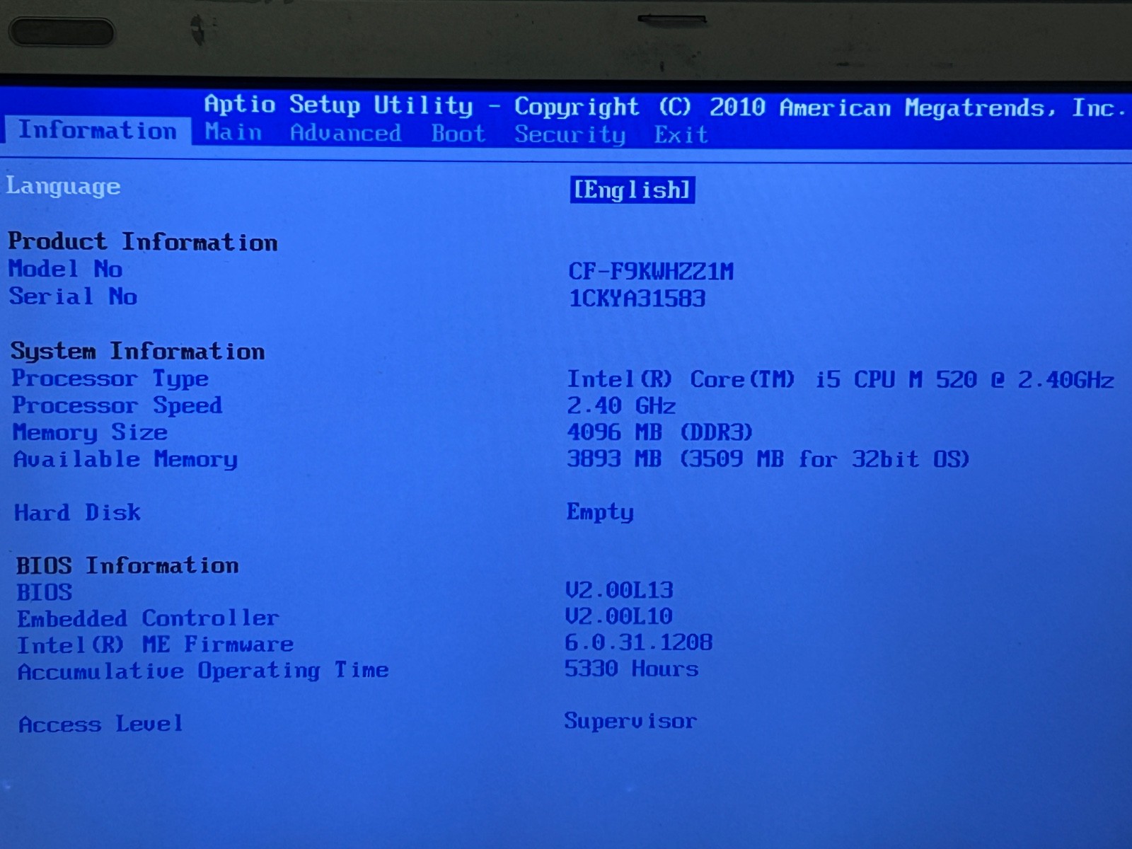 Panasonic Toughbook, CF-F9, i5-M520, 4GB RAM, No HDD, No OS, Rugged Laptop