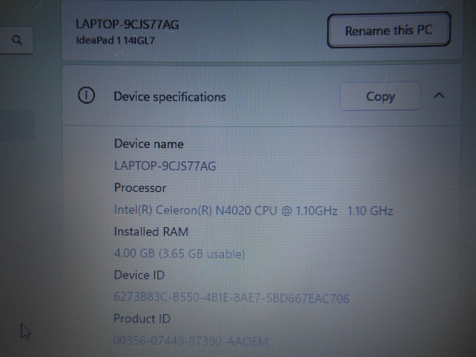 Lenovo IdeaPad 1 14IGL7 Cloud Grey 120GB, 4GB RAM, Win11H, Laptop 14″ w/Charger