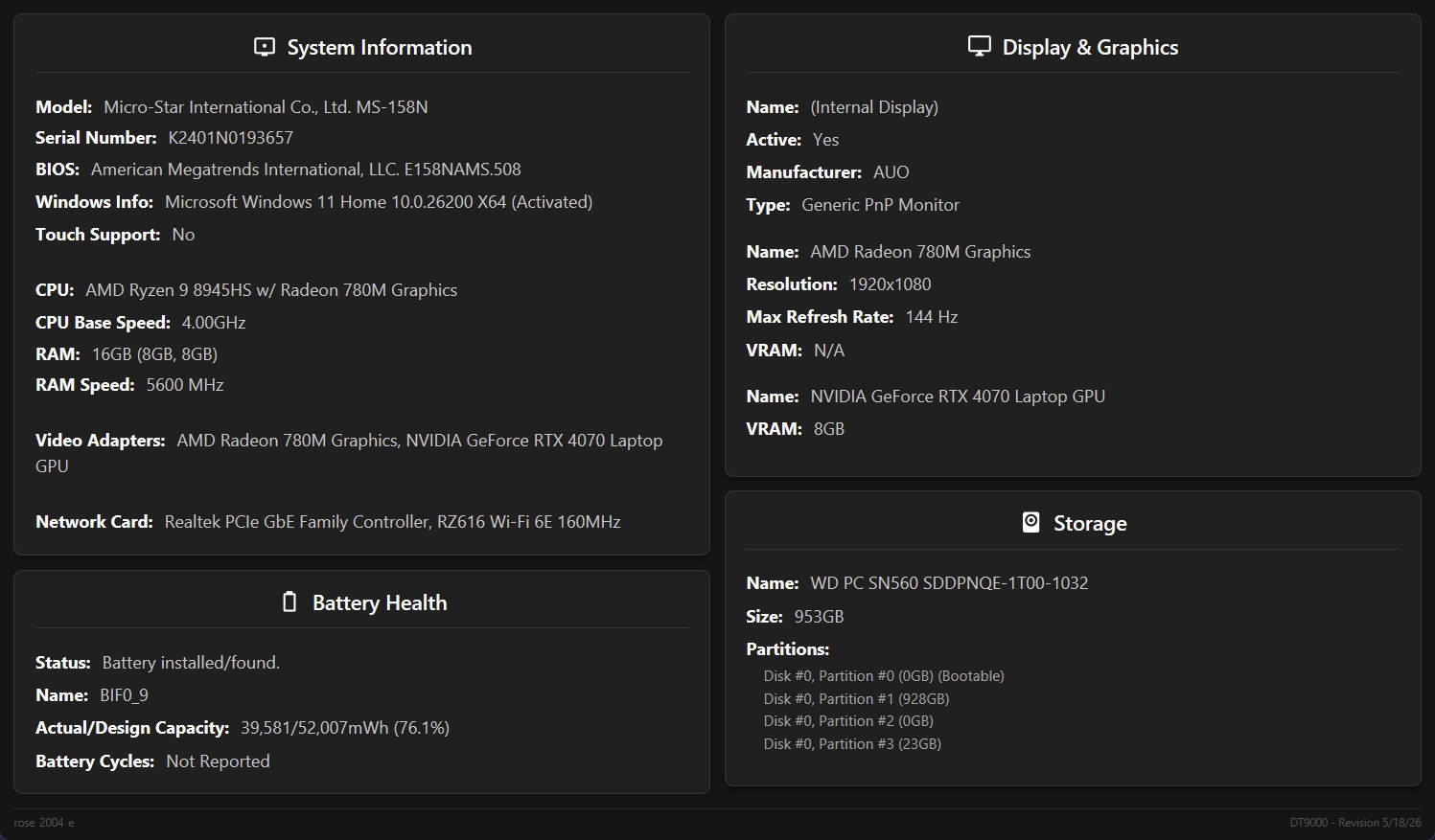 MSI Katana A15 15.6″ FHD 144Hz (Ryzen 9 8945HS, 16GB/1TB SSD, RTX 4070) Laptop