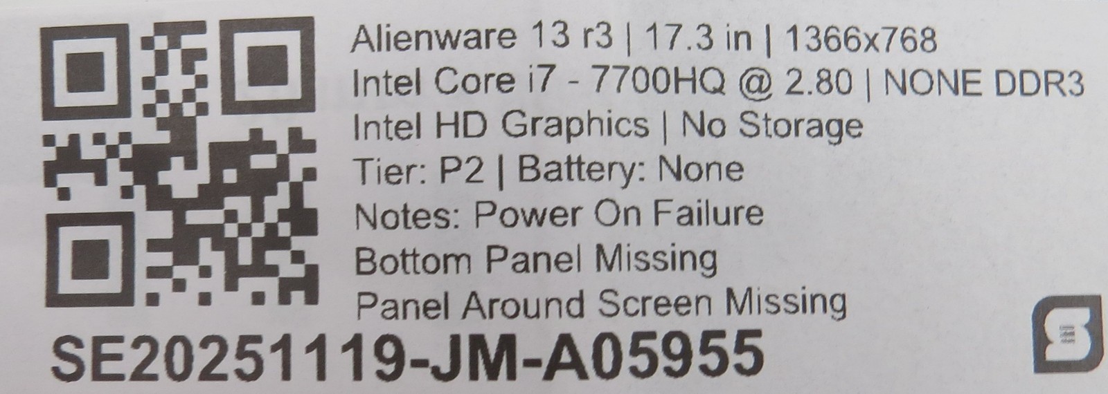 Alienware 13 r3 i7-7700HQ @ 2.8 Intel HD 17.3″ No RAM/HDD/OS/AC *PARTS*