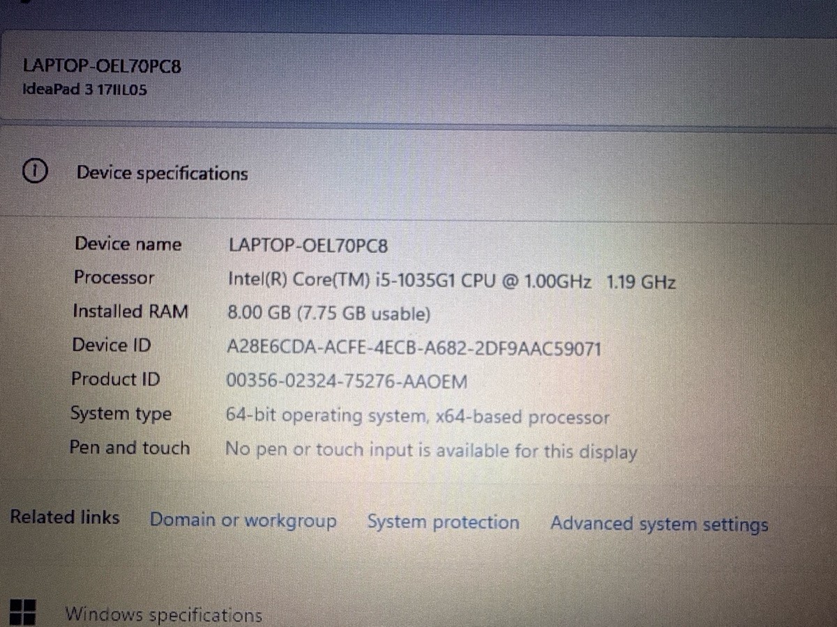 Lenovo IdeaPad 3 17IIL05 17.3″ i5-1035G1 8GB Win11 Home Intel UHD Gr (MI1073666)