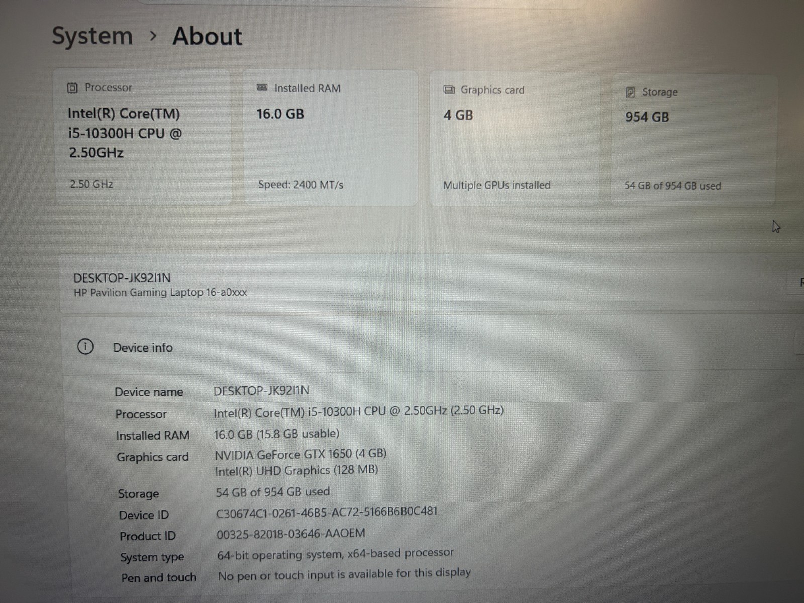 HP Pavilion Gaming Laptop 16, i5-10300H, 2.50 GHz, 16 GB, 2 x 512GB M.2 & SSD