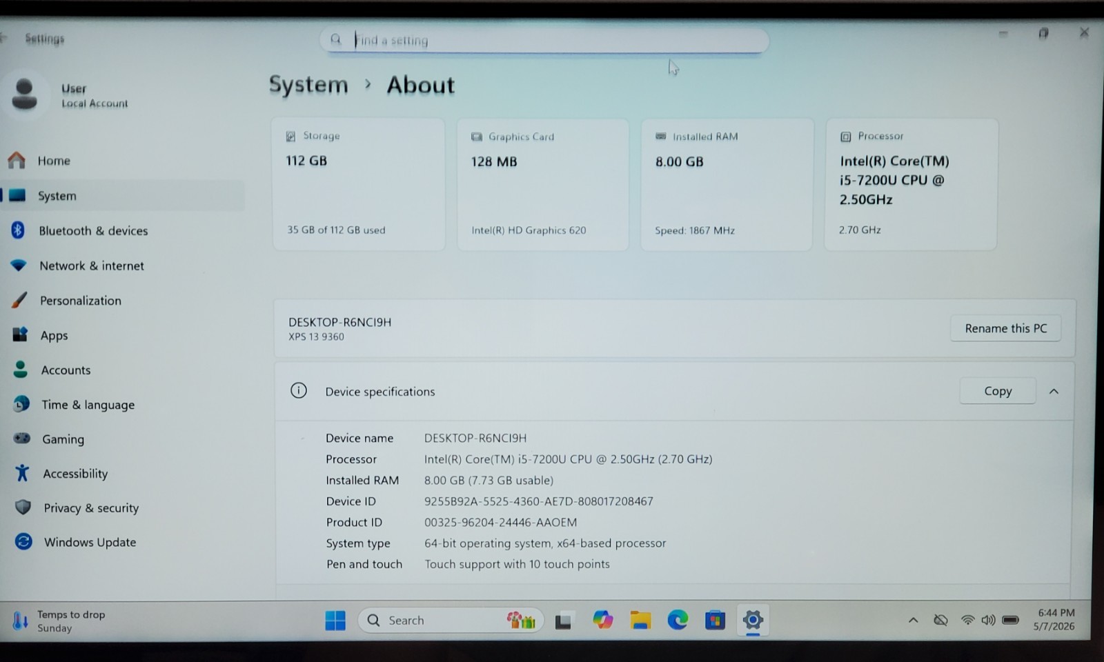 DELL XPS 13 9360 Core i5-7200U @ 2.50GHz 8GB RAM 128GB SSD Windows 11 Pro