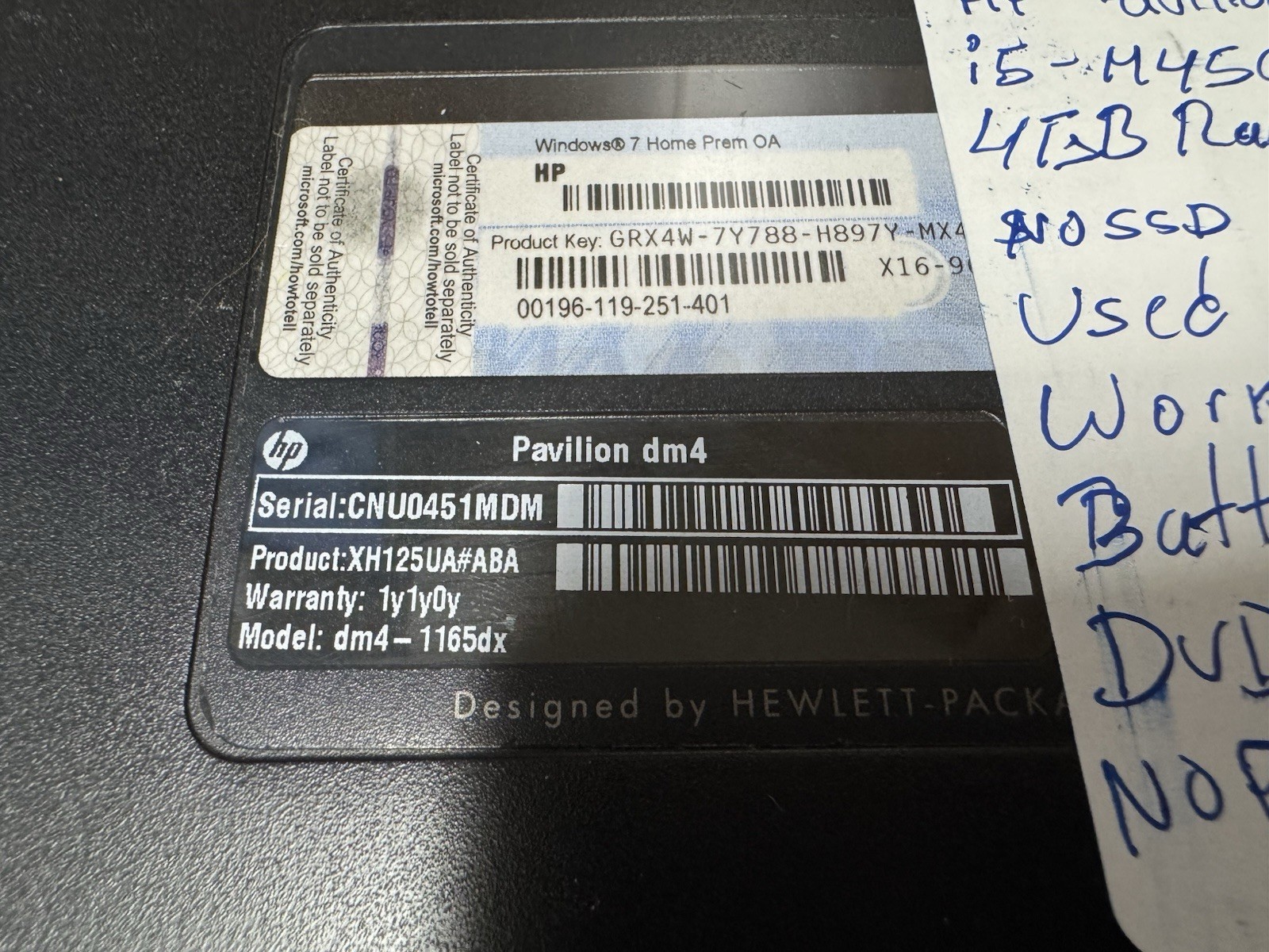 HP Pavilion dm4 i5-2450M 4GB RAM No SSD Battery OK DVD Not Working