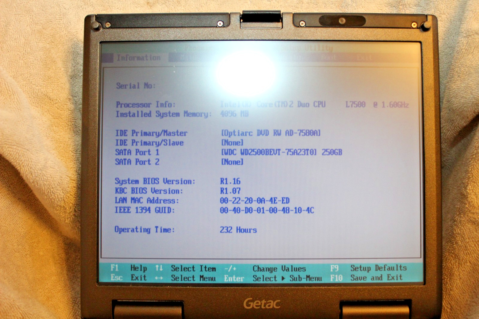 Getac B300, Intel Core 2 Duo 1.6Ghz, 4GB DDR2, 250GB HD, Wifi+Bluetooth (NO OS)