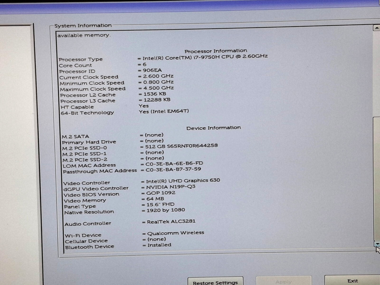 Dell Precision 7540 15.6″ Laptop Core i7-9750H 16GB RAM 512GB SSD Webcam Wifi