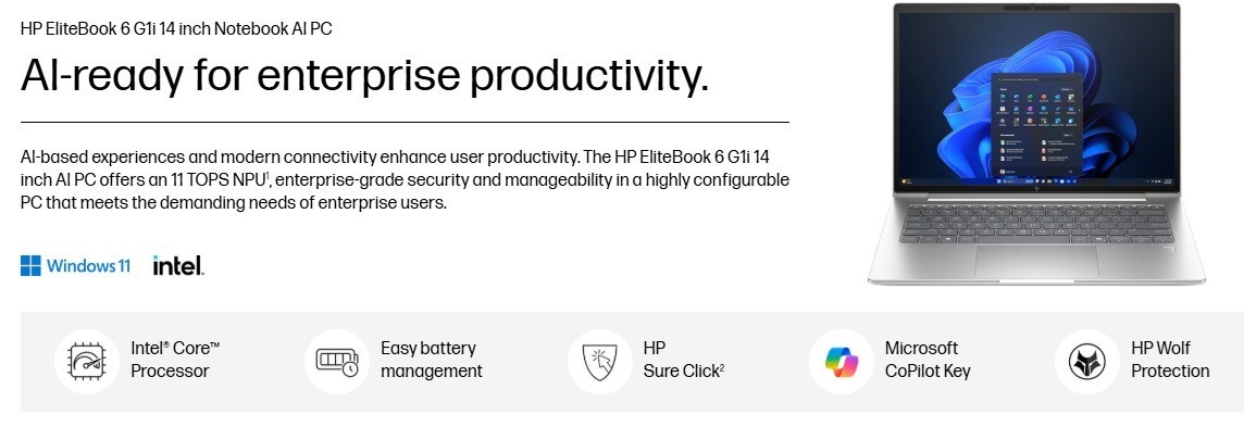 HP EliteBook 6 G1a Laptop PC 14″ WUXGA R5 235U 32GB 512GB SSD BL Key Pro