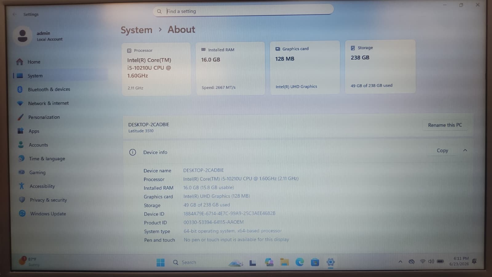 Dell Latitude 3510 i5-10210U 16GB RAM 256GB NVMe SSD Win11 Pro Charger