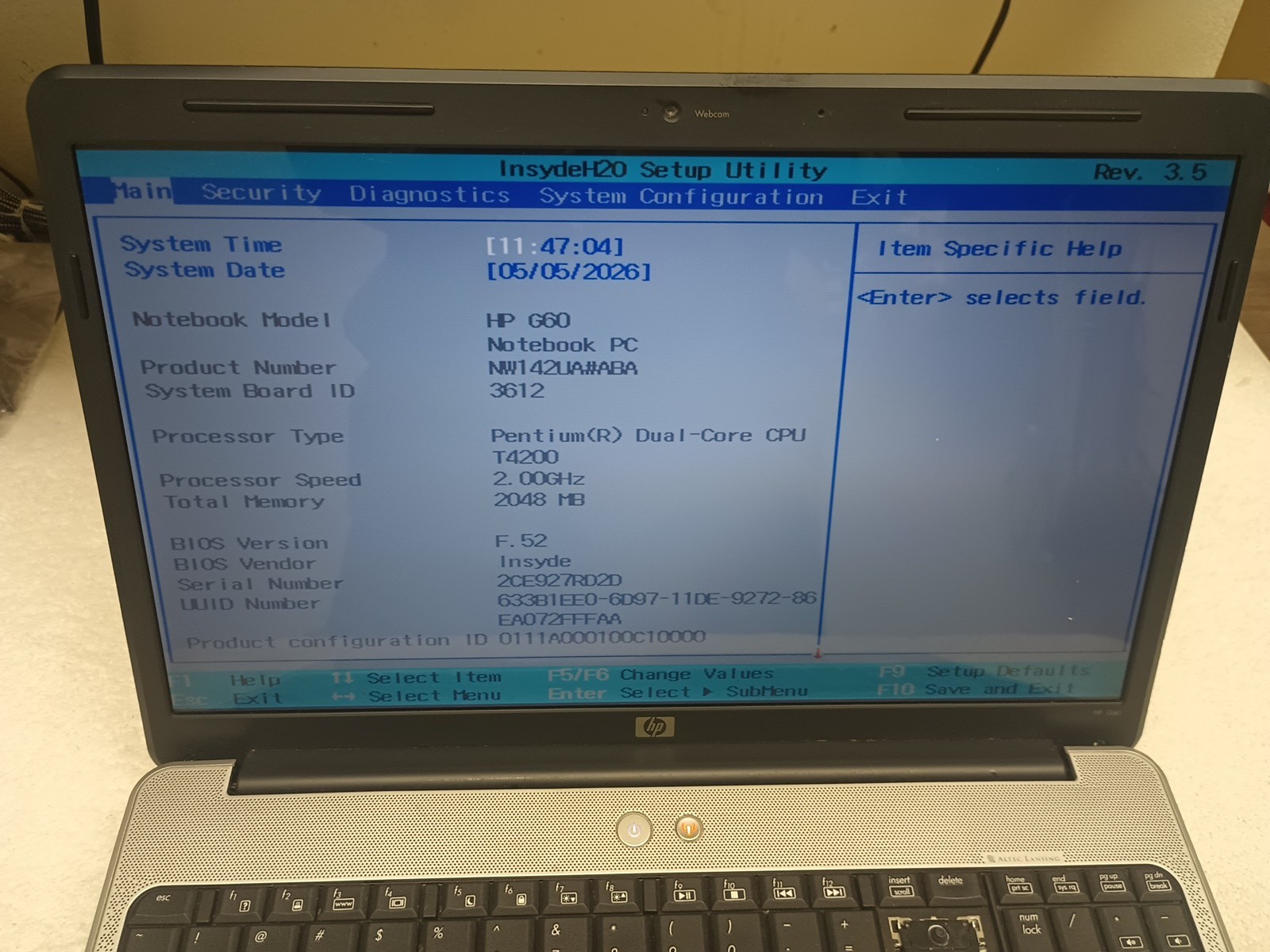 HP G60-441us Laptop Intel Pentium Dual Core T4200 2GB Ram NO HD/OS Boot To Bios