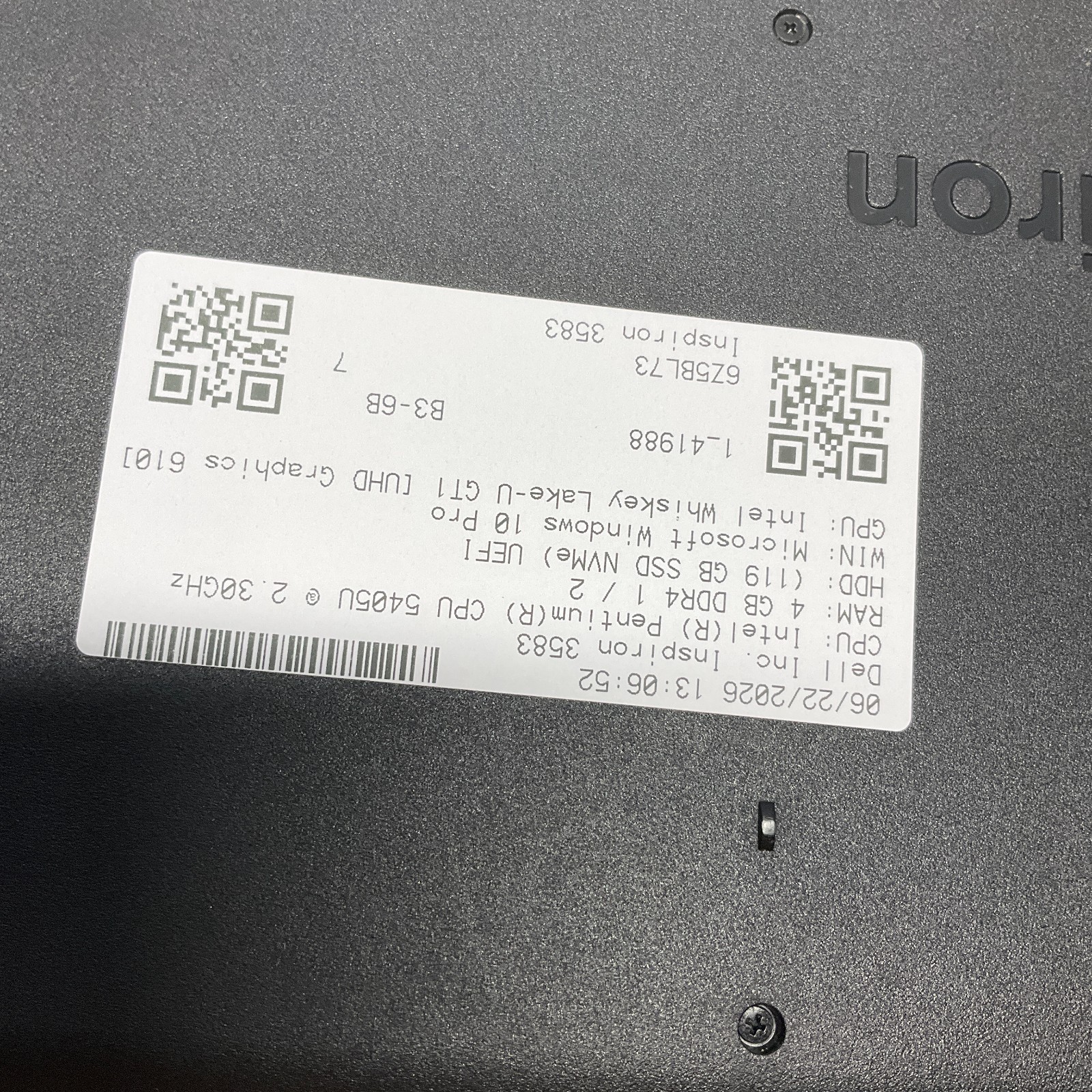 Dell Inspiron 3583, Intel Pentium Gold 5405 @2.30Ghz, 4GB RAM 128GB SSD Win 10