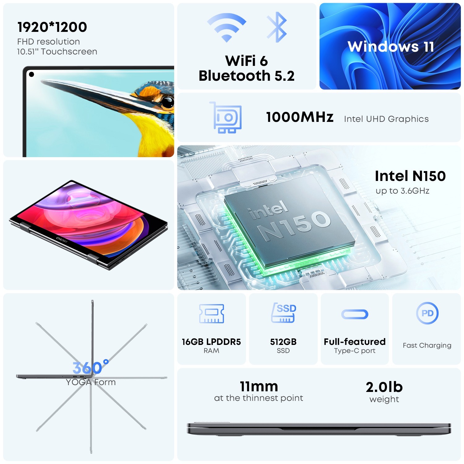 CHUWI 10.5”Minibook X Touchscreen Laptop 16GB RAM 512GB SSD Intel N150