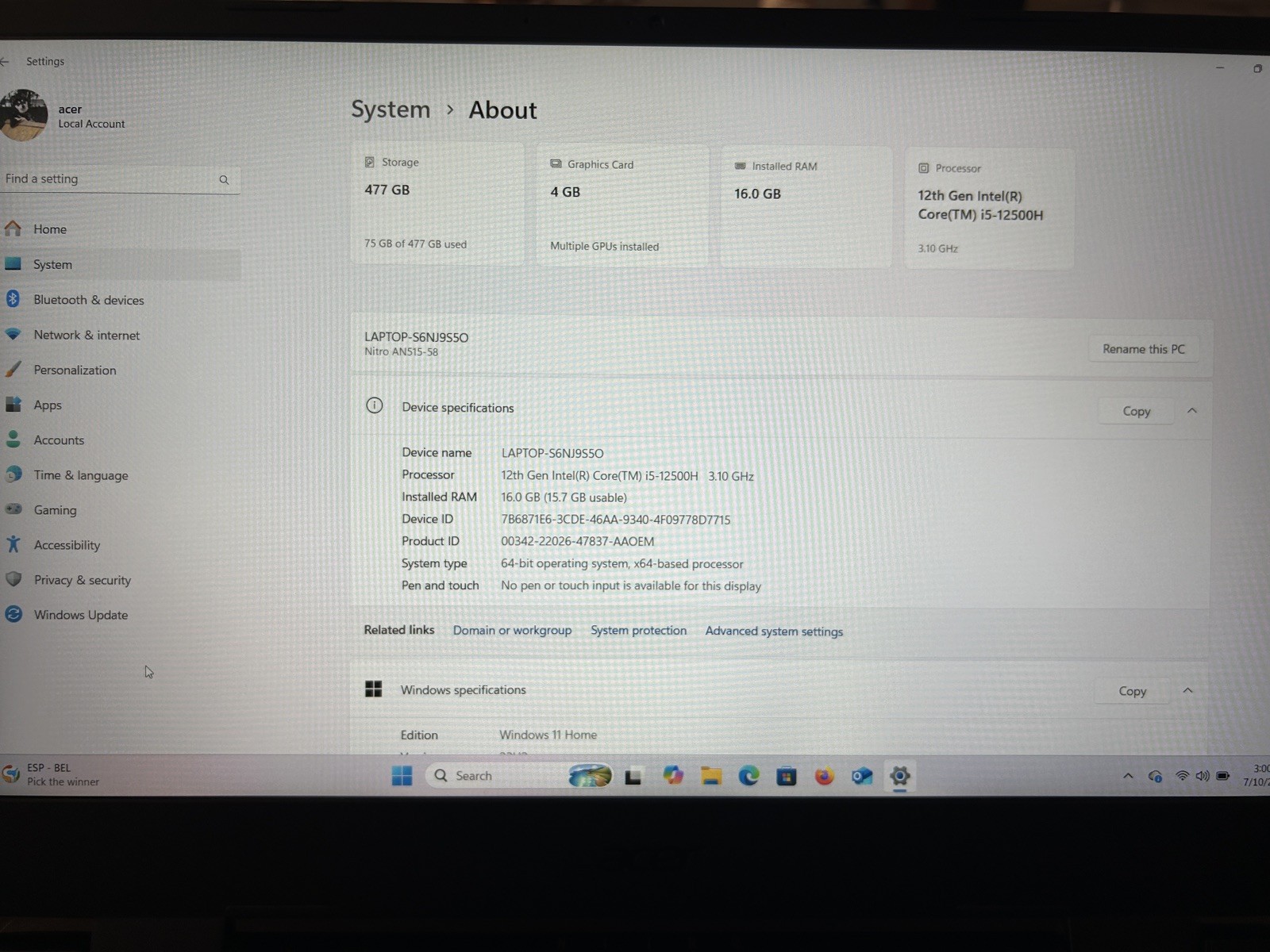 Acer Nitro 5 15.6″ AN515-58 16GB RAM 512GB SSD 3050 Ti i5-12500H 3.1GHz 144Hz
