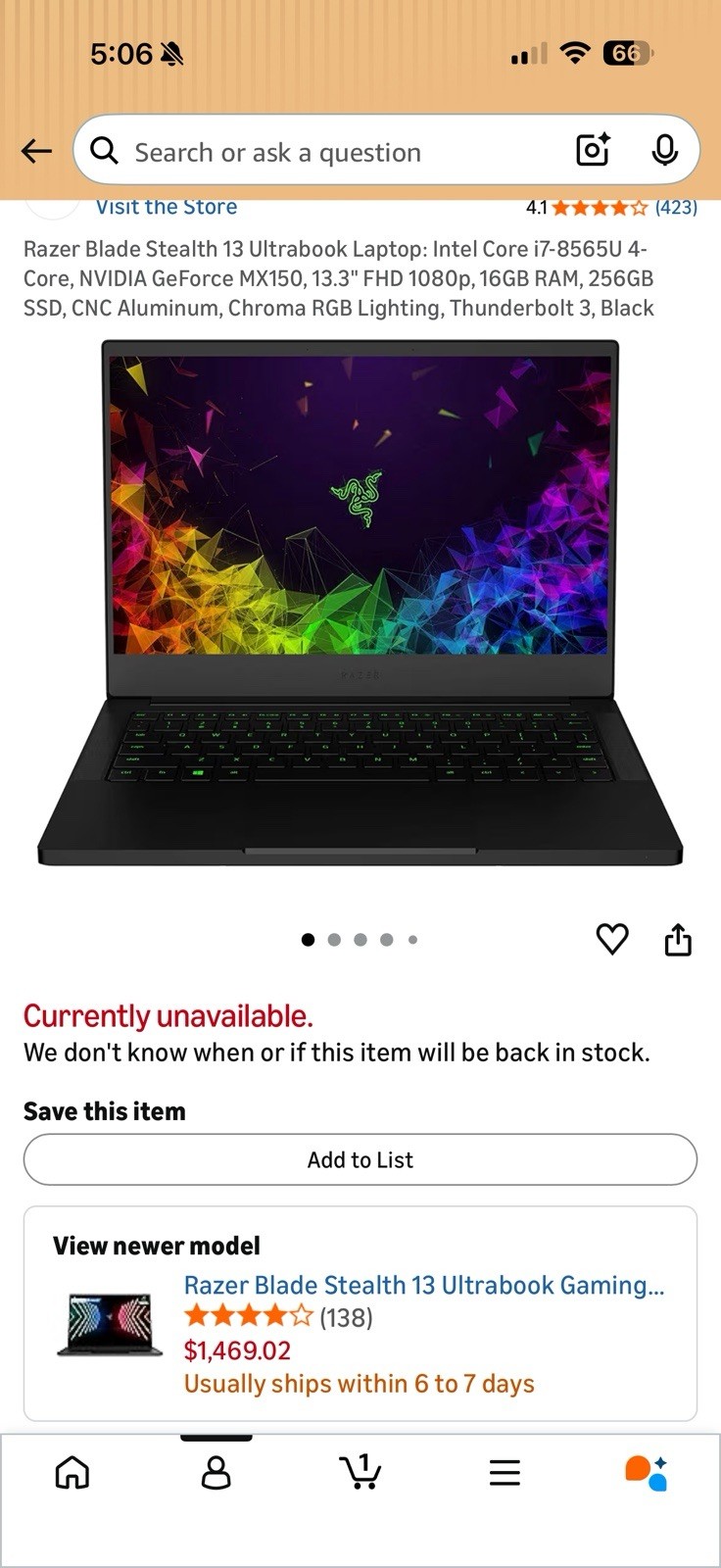 Razer Blade Stealth 13 Ultrabook Intel i7 MX150 16GB 256GB SSD 13.3″ Black