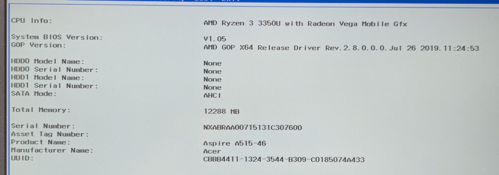 Incomplete Acer Aspire A515-46-R3UB 15.6″ Laptop Ryzen 3 3350U 2.10GHz 12GB RAM