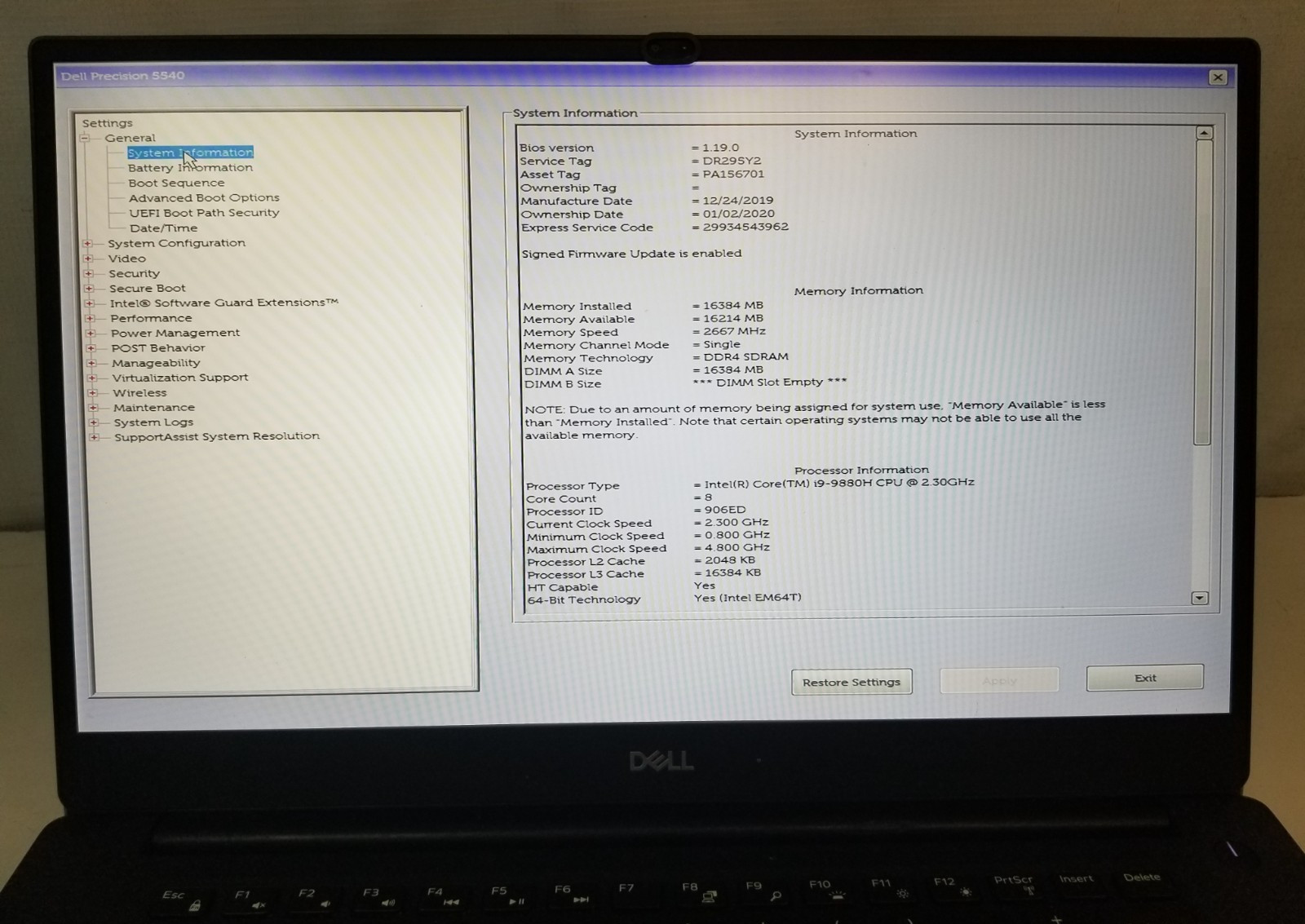 Dell Precision 5540 / Intel Core i9-9880H 2.30GHz / 16GB RAM / No SSD