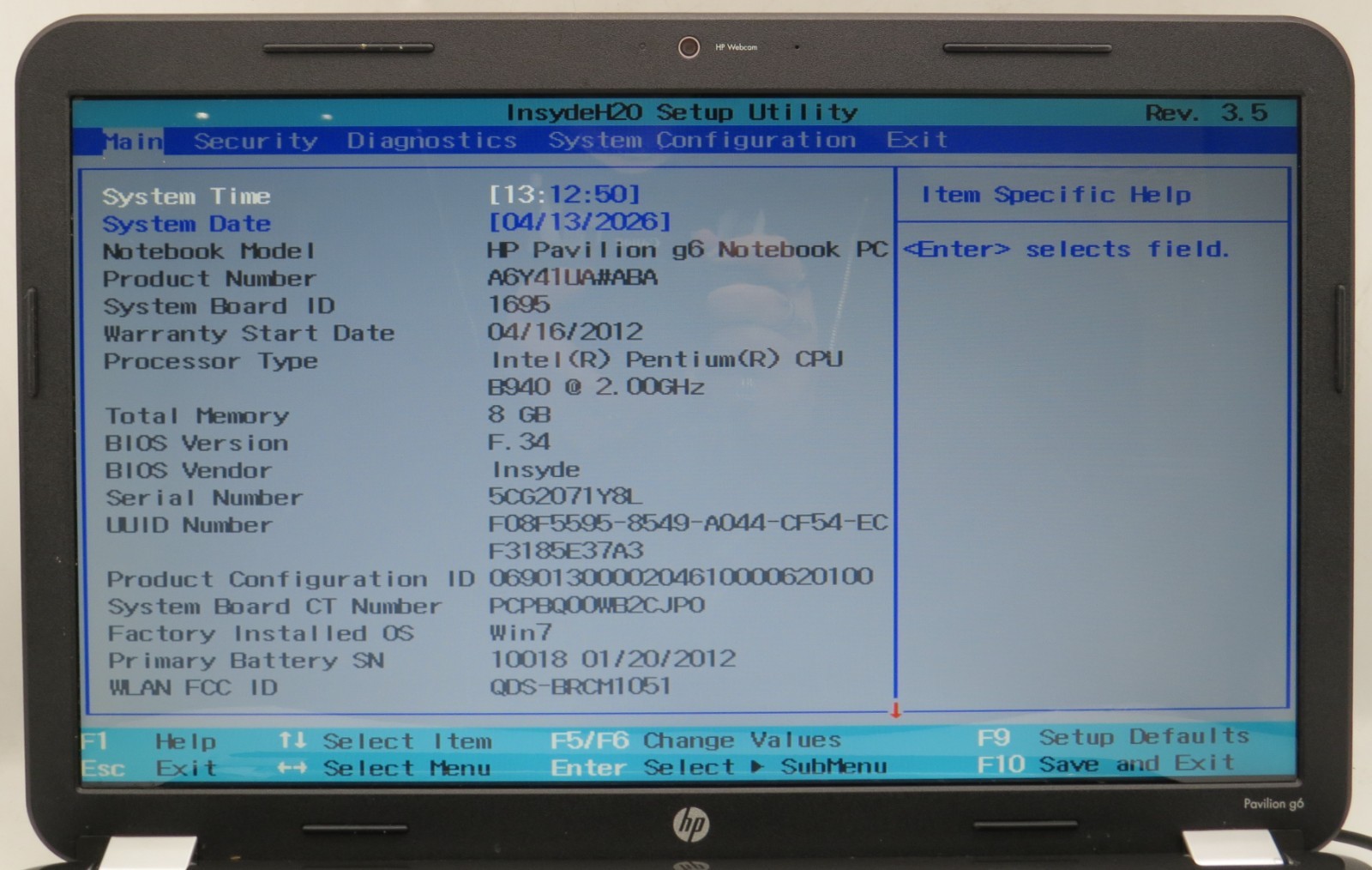 HP Pavilion G6 | Pentium-B940 @ 2.00GHz 8GB DDR3 |256GB SATA | No OS *PARTS*