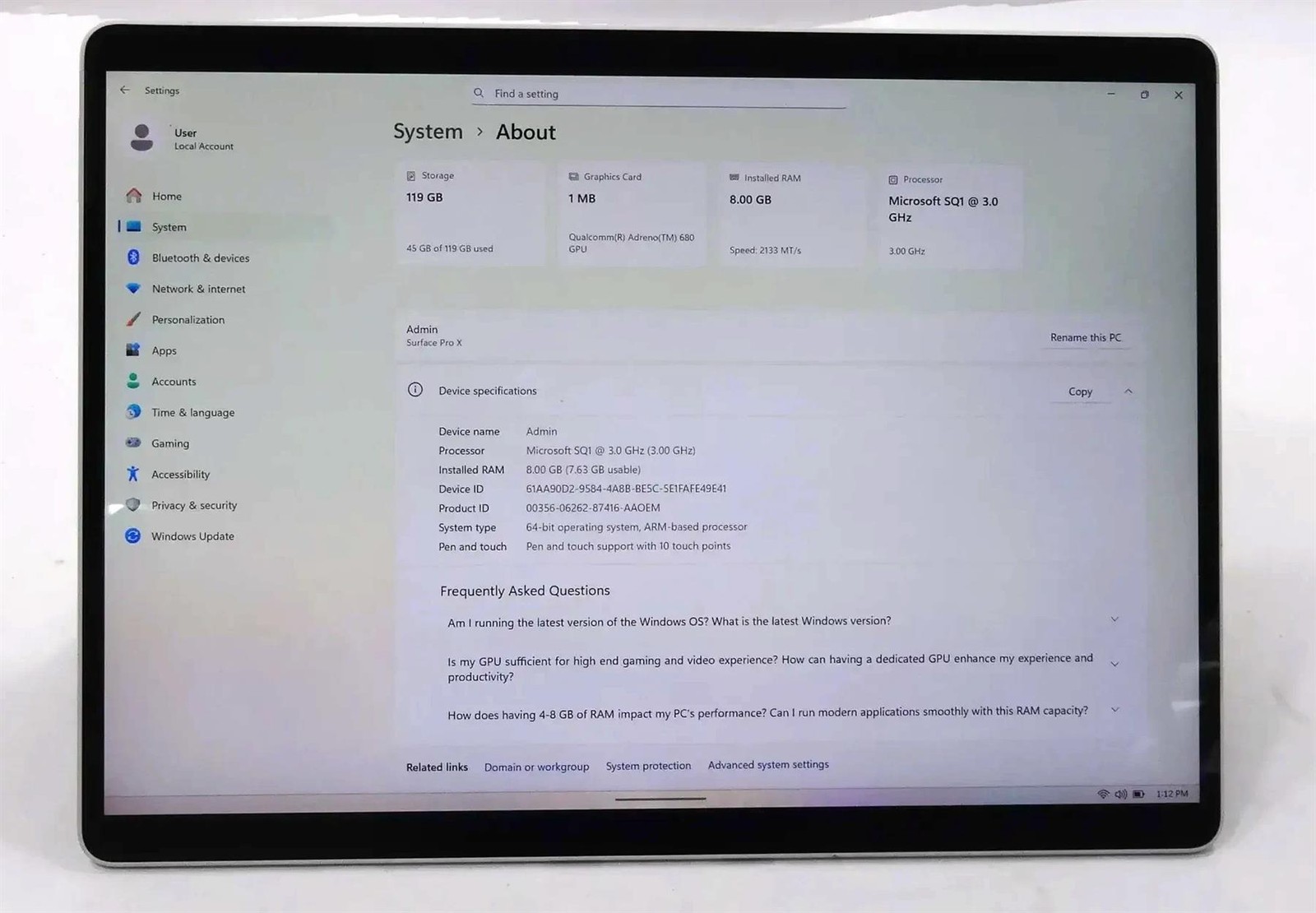 Microsoft Surface Pro X 2010 SQ1 3.0GHz 8GB Ram 128GB SSD