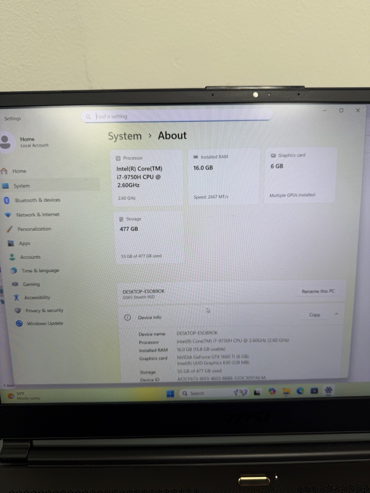 MSI MS 16Q4 15 inch Laptop i7 16GB 512GB Fully Working, Gaming Laptop
