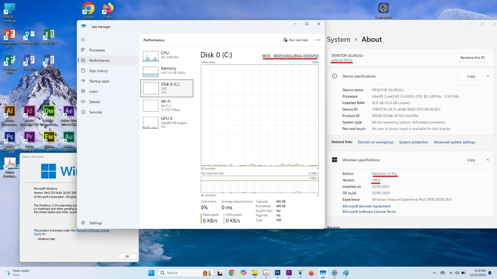DELL Latitude E5570 15.6” i5 16GB 512GB W11 Adobe CS 6.0 Office VISIO 2016 Dock