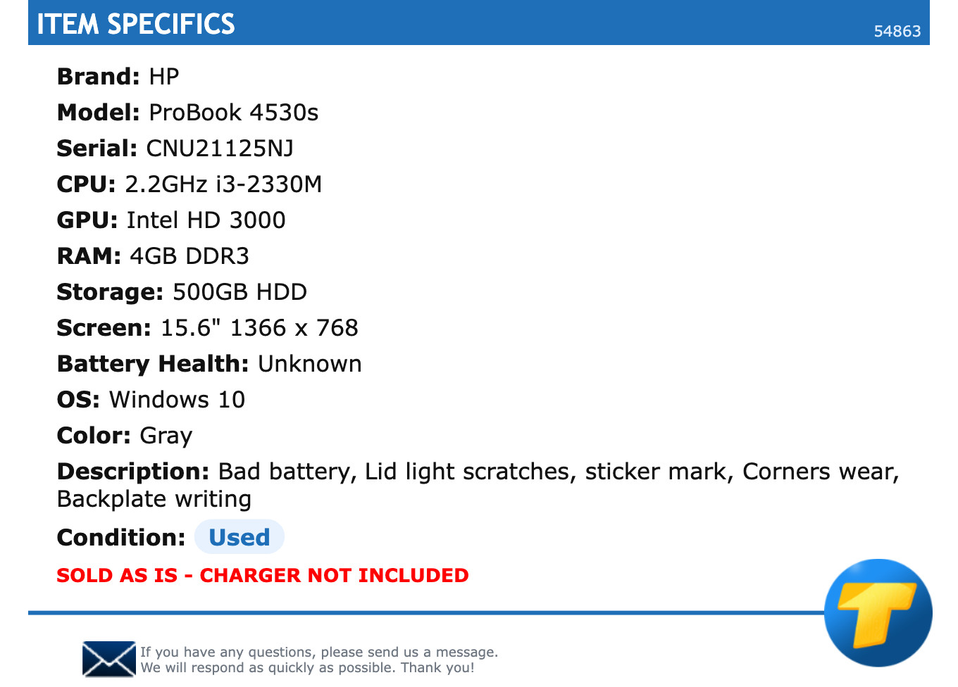 HP ProBook 4530s – 15.6″ HD, 2.2GHz i3, 4GB RAM, 500GB HDD, Windows 10