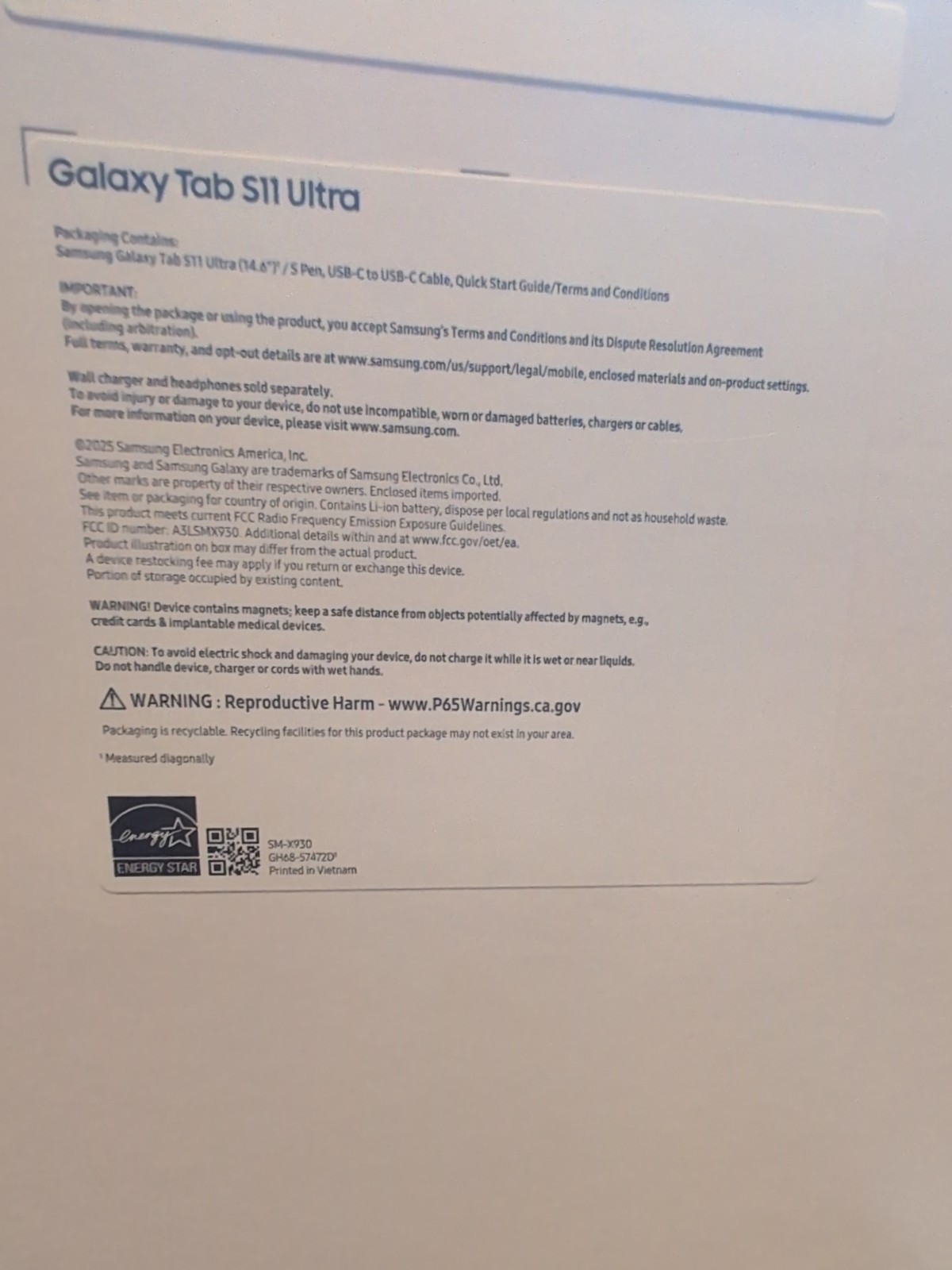 Samsung Galaxy Tab S11 Ultra WIFI SM-X930 14.6″ 16GB & 1TB Tablet Gray Sealed