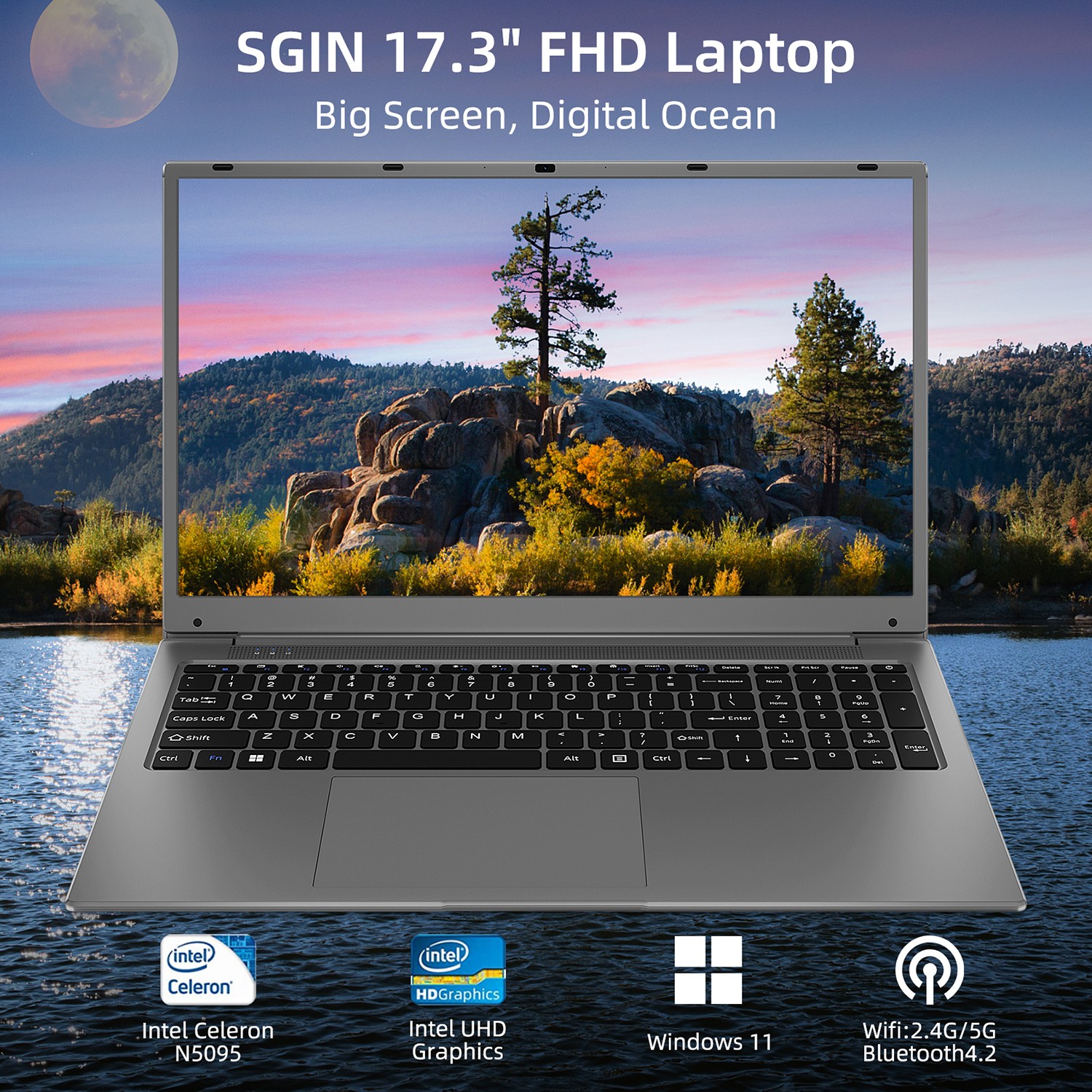 SGIN Laptop 17.3″ Windows 11 Notebook Intel Quad-Core 2.9Ghz 12GB RAM 512GB SSD