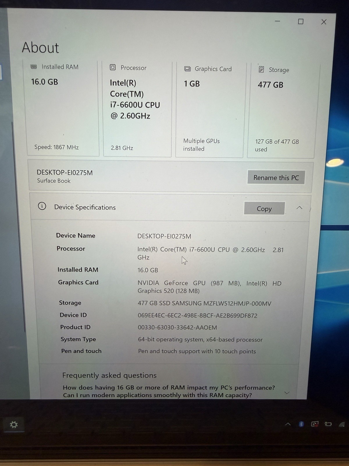 Microsoft Surface Book i7 13.5″ i7-6600U 16GB 477GB SSD Win10 Touch Silver