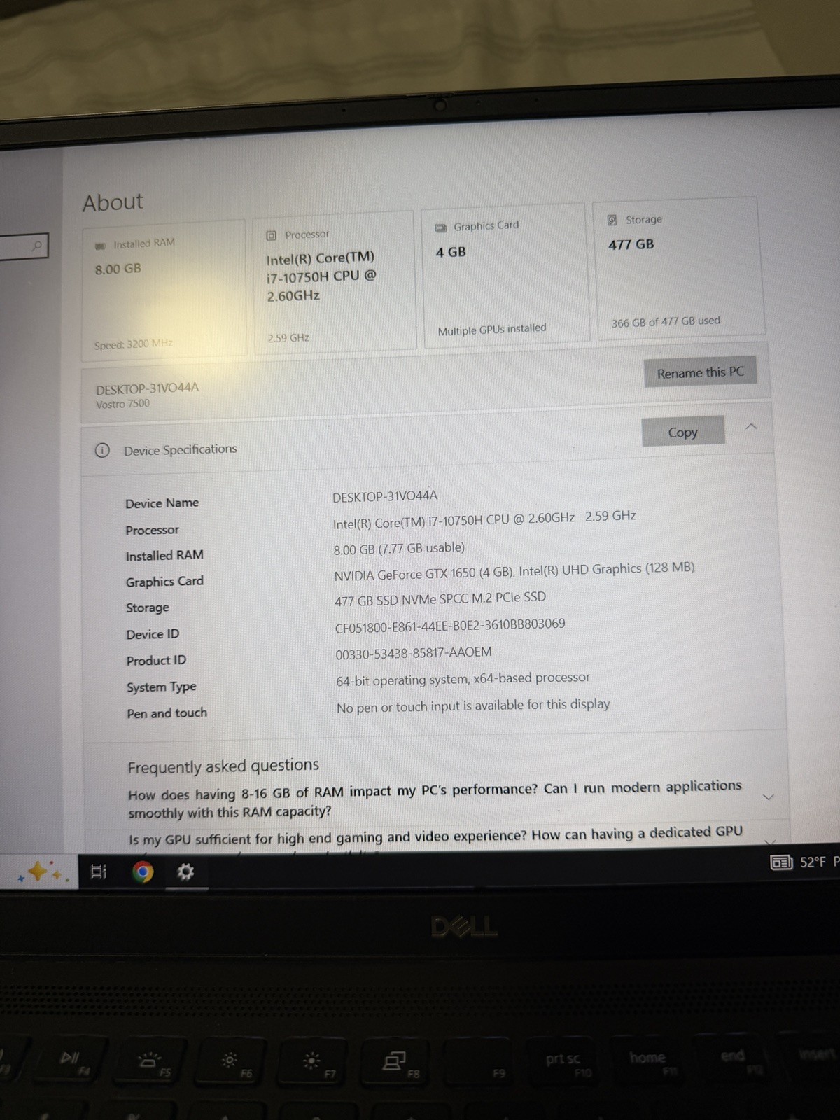 DELL Vostro 7500 Laptop i7-10750H@2.60GHz 8GB No SSD/OS Grade D