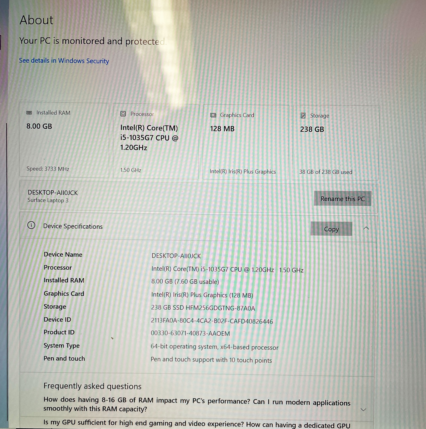 Microsoft Surface Laptop 3 13.5″ (256GB SSD; Intel Core i5-1035G7 1.2GHz; 8GB)