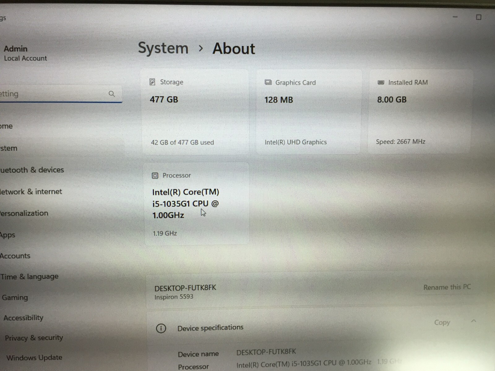 Dell Inspiron 5593 Intel i5-10thGen 3.6GH,8GB,512GB SSD,Win 11 Pro, W/AC Adapter