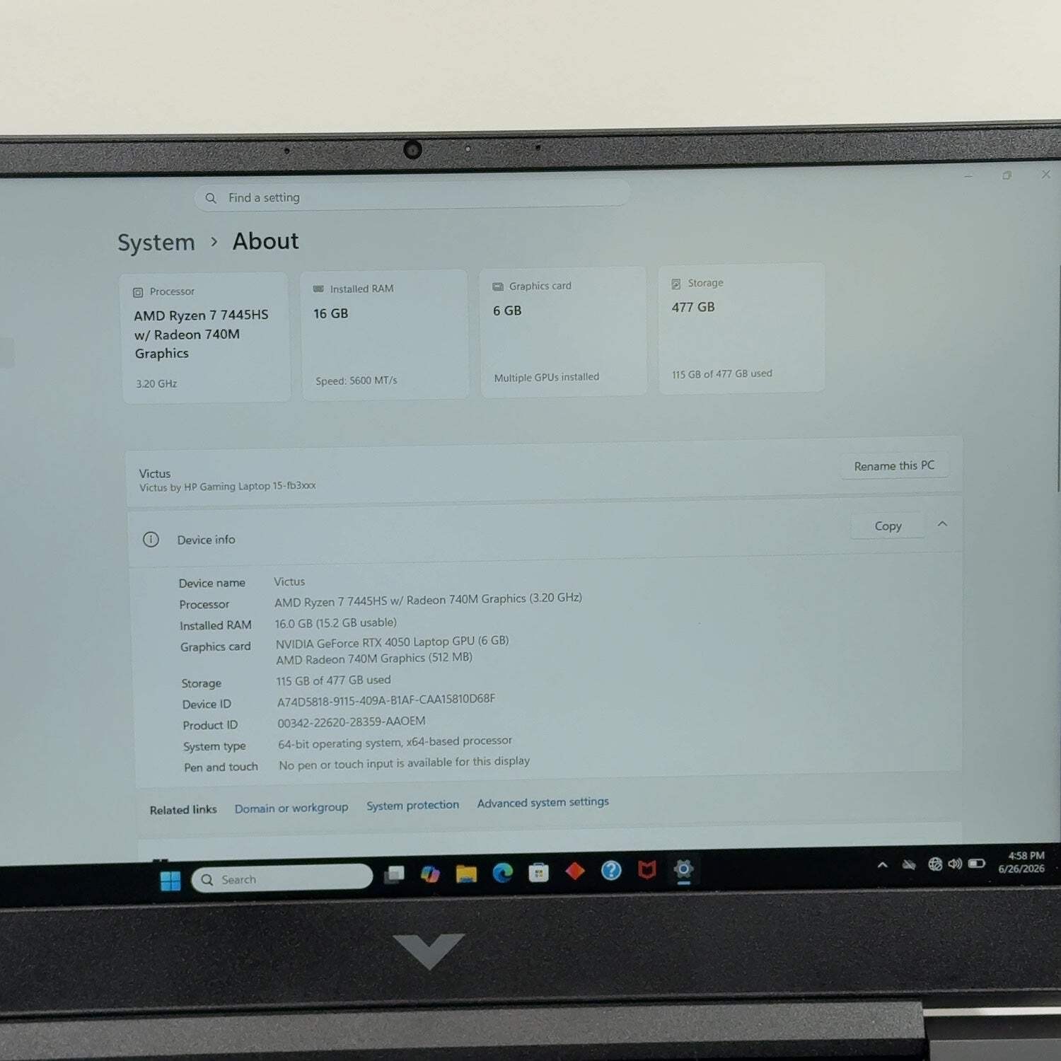 HP Victus 15-FB3093DX 15.6″ Ryzen 7 7445HS 3.2GHz 16GB RAM 512GB SSD RTX 4050